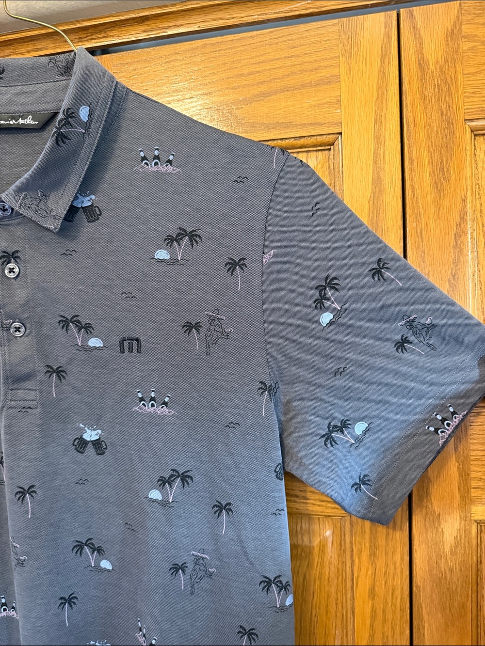 Travis Mathew Gray Palm-Print Polo with Light Blue Accents-Large - Picture 6 of 12